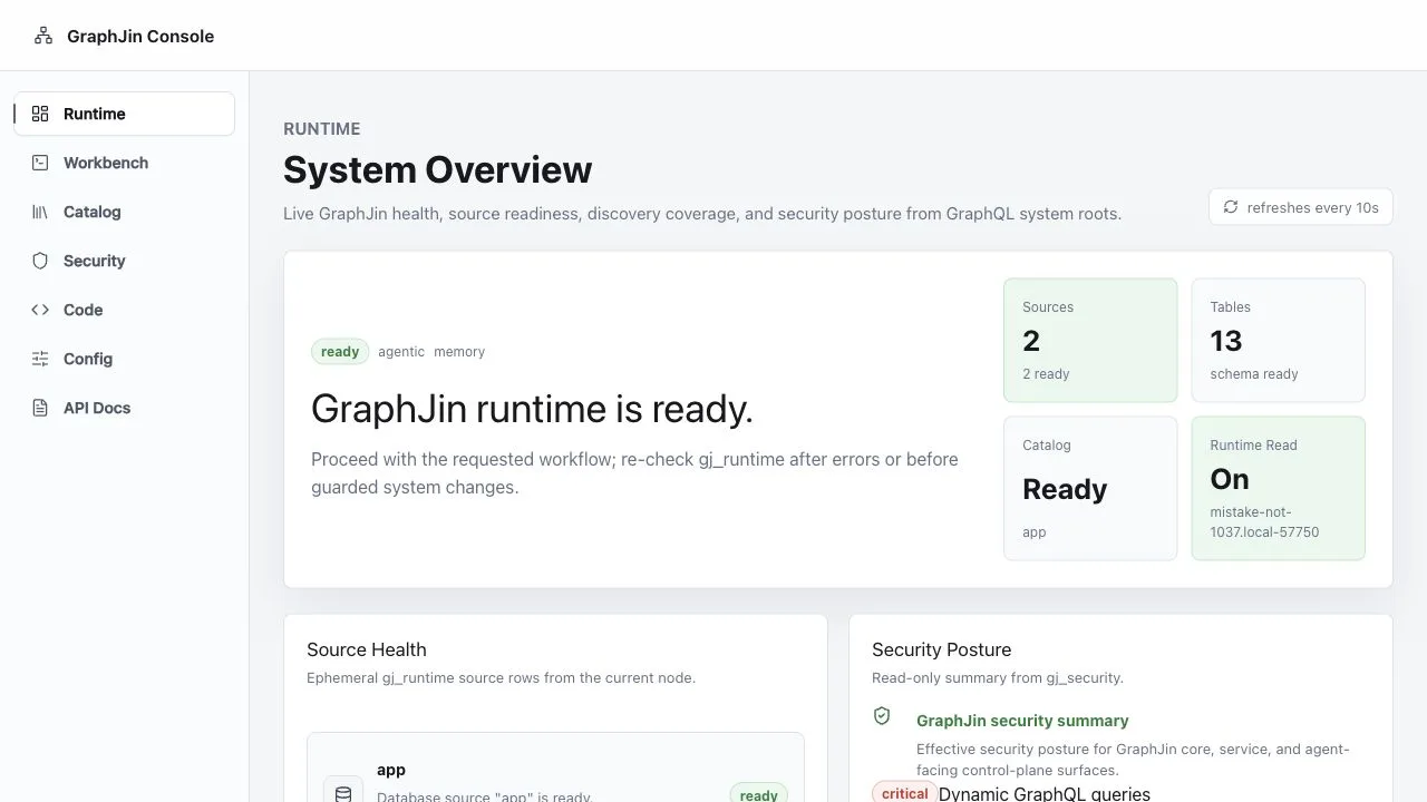 GraphJin Web UI Runtime view showing ready sources, table count, catalog readiness, and security posture.