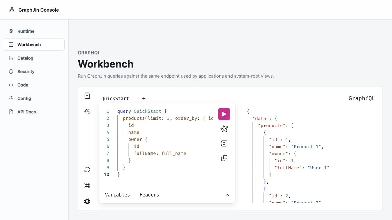 GraphJin Web UI Workbench running a products query and showing JSON results.